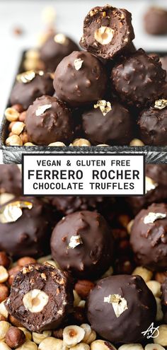 Stack of homemade ferrero rocher truffles with hazelnuts and golf leaf decoration. Vegan Ferrero Rocher, Hazelnut Truffles, Deserturi Raw Vegan, Ferrero Rocher Chocolate, Rocher Chocolate, Raw Vegan Desserts