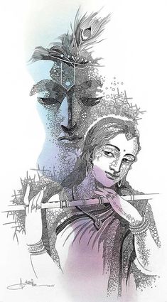 a drawing of two people with feathers on their head and one woman's face