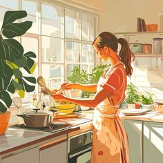 a painting of a woman cooking in the kitchen with pot and pan on the counter