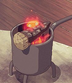 an animated image of a cat in a pot with fire coming out of it's mouth