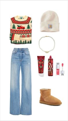 Comfy Outfits Christmas, Secret Santa Outfit Ideas, Holiday Outfit Inspo Christmas, Cute Fits For Christmas, Outfits With Christmas Sweaters, Christmas Outfit Layout, 90s Christmas Aesthetic Outfits, Christmas Eve Fits, Mariah Carey Christmas Concert Outfit