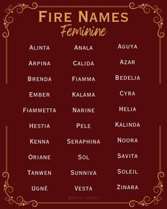 a poster with the names of fire names in gold and red on a maroon background