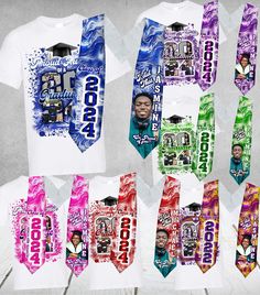 a group of t - shirts with different colors and designs on them, including a man's face