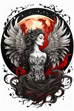 a woman with wings on her body in front of a full moon and blood splatters