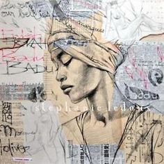 a drawing of a woman's face surrounded by papers