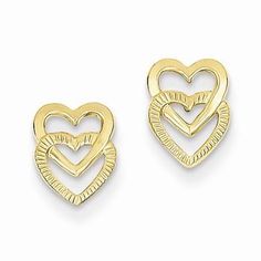 Metal: 14k Yellow GoldLength:9 mmWidth:6 mmFree U.S. Shipping for orders over $99 Protected by our 30-Day Risk Free Returns! Heart Themed, Heart Hoop Earrings, Gold Clips, Double Heart, Gold Polish, Fine Earrings, Valentine Gift, Gold Texture, Black Bow