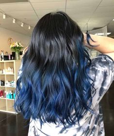 Blue Ombre On Black Hair, Blue Hair Color On Black Hair, Blue Colour Highlight Hair, Black Hair Blue Ombre, Blue Tips On Black Hair, Black Into Blue Hair, Blue Coloured Hair, Blue Hair Color Ideas For Black Hair, Black Hair With Blue Ombre