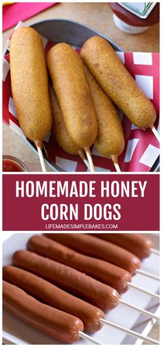 homemade honey corn dogs on skewers with ketchup