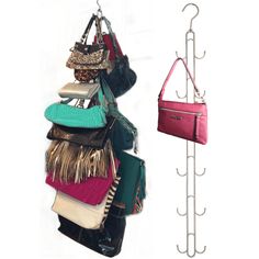 purses and handbags hanging on a rack with text overlay that reads purse stax