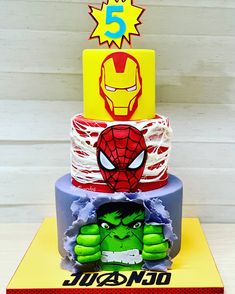 this is a three tiered cake with the hulk and iron man characters on it