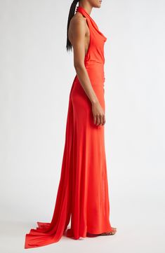 Sound the alarm, this fiery maxi is designed in a sleek halter silhouette with rippled ruching and a stem-showing side vent. 58" center front length; 6 1/2" train (size Medium) Back button-and-loop closure Cowl neck Sleeveless, with cutaway shoulders Side vent Partially lined 100% viscose Dry clean Imported Staud Fitted Maxi Dress, Halter Maxi Dress, Halter Maxi, Halter Maxi Dresses, Nordstrom Dresses, Red Rose, Cowl Neck, Red Roses, Dry Clean