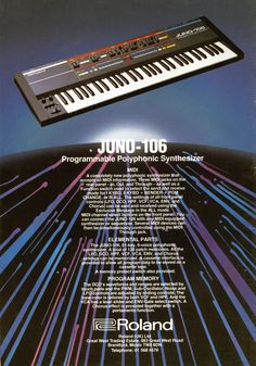 an advertisement for the electronic keyboard, with music notes and lines in front of it