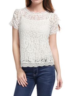 PRICES MAY VARY. See Through, Cami Top is Not Included, Please pair a tube or cami top to finish this look. Floral Lace, Scalloped Eyelash Trim, Short Sleeves, Shirred Sleeve A Tank Top or Tube Top Should be Worn, Which Is Not Included in this garment. Pair this sheer lace top with a cami top or tank top Recommended to order one size Large. Round Neck, Keyhole, Elastic Loop Closure, Regular Fit Hand Wash Cold with Like Colors, Do Not Bleach Model Body Size: Height: 5'8", Chest: 34 1/2 inches, Wa Crochet Tank Tops, Crochet Top Outfit, Floral Lace Top, Semi Sheer Top, Womens Tops Dressy, Feminine Top, Sheer Lace Top, Floral Lace Tops, Women's Button Down Shirt