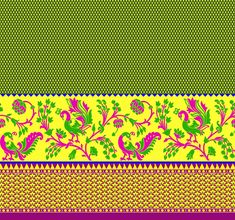 a yellow and pink border with green leaves on the bottom, and purple borders in the middle