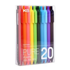 six different colored pens are in a clear box with the number 20 printed on it