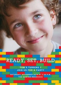 a child's birthday party with lego blocks and the words ready, set, build