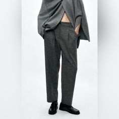 Zara Collection Flannel Pants. Retail $109.00. Size S. Color Grey Marl. Pants With A Mid Waist Made Of Wool Blend Fabric. Belt Loops At Waist And Back Elastic. Side Pockets And Back Flap Pockets. Front Pleat Detail. Front Zip, Button, And Metal Hook Closure. 40% Wool 32% Polyester 14% Viscose 13% Polyamide 1% Elastane Wide-leg Bottoms For Winter Formal, Formal Wide Leg Bottoms For Winter, Classic Straight Leg Winter Bottoms, Straight Leg Bottoms For Formal Winter Wear, Business Wide Leg Bottoms For Winter, Straight Leg Bottoms For Formal Winter Occasions, Business Winter Wide Leg Bottoms, Formal Straight Leg Bottoms For Winter, Wide Leg Dress Pants For Business In Winter