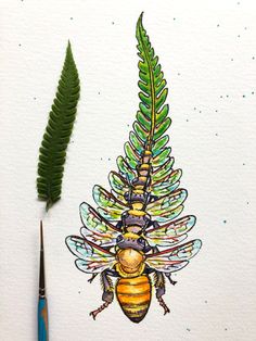 a drawing of a bee sitting on top of a green leaf next to a brush