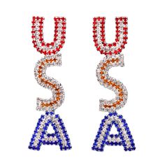 two red, white and blue earrings with the letters u and a in them on top of each other