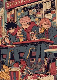 two anime boys sitting at a table eating food and drinking sodas in front of a store