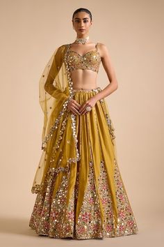 Yellow can can attached lehenga lined with sequin along the panels highlighted by clustered floral sequin mirror embellished motifs. Comes with padded floral sequin embroidered blouse and mirrorwork embellished scalloped border dupatta. - Aza Fashions Yellow Indian Outfit, Body Progress, Indian Wedding Dress Traditional, Mehandi Outfits, Mehendi Outfit, Lehenga Pattern, Haldi Outfits, Mehendi Outfits, Bridesmaid Dresses Boho