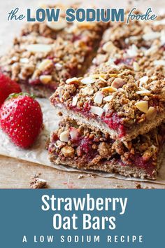 strawberry oat bars stacked on top of each other with the title overlaying