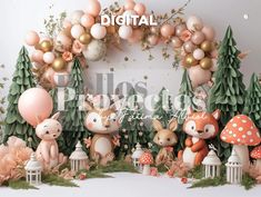 an image of some animals in the woods with balloons and decorations on it's wall