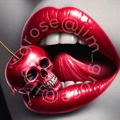 a painting of a human skull with red lips and fangs on it's tongue