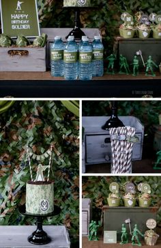 the dessert table is decorated with green and white items for an army themed birthday party