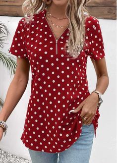 Color:Wine Red;Size:S;Size:M;Size:L;Size:XL;Size:XXL;Package Contents:1 X Blouse;Occasion:Other;Style:Casual; Red Short Sleeve Blouse, Zipper Blouse, Spring Blouses, Polka Dot Shorts, Lovely Tops, Plus Size Kleidung, Polka Dot Blouse, V Neck Blouse, Polka Dot Print