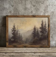 a painting hanging on the wall above a wooden shelf