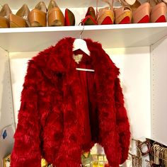 Super Cute, Crop Faux, Fur, Soft Cranberry Red Jacket Red Faux Fur Coat For Fall, Red Fur Coat With Faux Fur Trim For Fall, Red Faux Fur Outerwear For Fall, Red Faux Fur Long Sleeve Outerwear, Red Christmas Party Outerwear, Chic Red Faux Fur Outerwear, Chic Red Fur Coat For Fall, Red Fur Coat, Red Fur