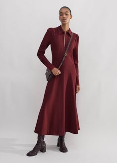 Women's Red Travel Tailoring Collar Midi Dress | ME+EM Boucle Coat, Cashmere Jacket, Layered Shirts, Leather Midi Skirt, Luxury Dresses, Travel Dress, High Neck Sweater, Luxury Dress, Womens Designer Fashion