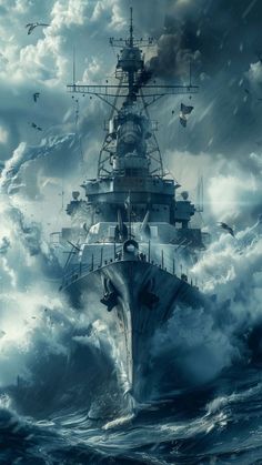 a painting of a battleship in the ocean with birds flying around it and clouds above