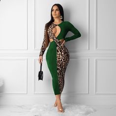 Product Name Leopard Patchwork Long Sleeve Cut Out Sexy Dresses BNY-7043 Item NO. BNY-7043 Color Black, Blue, Green, Wine Red Size 2XL, XL, L, M, S Pattern Type Patchwork, Leopard Silhouette Bodycon Style Sexy Club, Chic, Street Detail Cut Out Season Spring / Autumn Neckline Round Neck Dresses Length Ankle Length Sleeve Length Full Fit Type Skinny Waist Type High Front Style Flat Weight 0.45 kg = 0.9921 lb = 15.8733 oz Category Dresses Maxi Dresses Creation Time 2022-09-16 Fitted Green Hollow Out Dress, Green Fitted Dress With Hollow-out Details, Fitted Green Dress With Hollow Out Details, Leopard Print Bodycon Dress, Stitching Dresses, Printed Bodycon Dress, Leopard Dress, Bodycon Fashion, Patchwork Dress