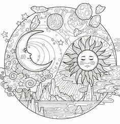 the sun and moon are surrounded by clouds, stars, and swirls in this coloring page