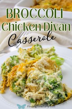 broccoli chicken divan casserole on a white plate with text overlay