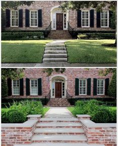 Moss Landscaping, Sloped Front Yard, Fixer Upper Homes, Knee Walls, Colonial House Exteriors, Exterior House Renovation, Painted Brick House, South Street, Knee Wall