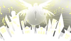 an illustration of a heart surrounded by musical notes and buildings with angel wings in the background