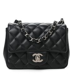 This is an authentic CHANEL Lambskin Quilted Mini Square Flap in Black. This classic bag is finely composed of luxurious diamond quilted lambskin leather in black. The bag features a waist-length polished silver chain link leather threaded shoulder strap and a polished silver Chanel CC turn lock. This opens the front flap to a black leather interior with zipper and patch pockets. Luxury Black Shoulder Bag With Diamond Quilting, Black Diamond Quilted Bag For Everyday Luxury, Black Diamond Quilted Luxury Bag, Leather Thread, Classic Bags, Polish Silver, Diamond Quilt, Leather Interior, Lambskin Leather