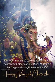 an elephant statue with confetti coming out of it's trunk and the words happy vinak chatti written below