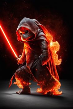 a cartoon character dressed as darth vader in flames