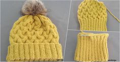 three pictures of the same hat and mittens