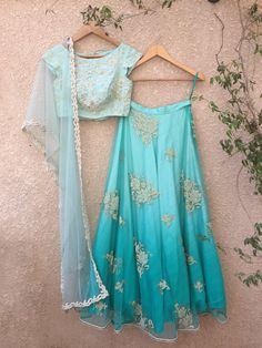 Shrena Hirawat- Blue Ombre Pearl Lehenga Set - Trendroots Indian Wedding Reception Outfit, Pearl Lehenga, Shaded Lehenga, Bridesmaid Lehenga, Reception Outfit, Pearl Work, Zardozi Embroidery, Lehnga Dress, Green Lehenga