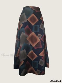 Olivia Mark - Plus Size elegant Skirt, Women's Plus Distressed Geometric Print High Rise Swing A-line Maxi Skirt Multicolor Flared Maxi Skirt For Fall, Multicolor Midi Skirt For Workwear, Multicolor Lined Maxi Skirt For Fall, Fall Multicolor Lined Maxi Skirt, Fall Multicolor Relaxed Maxi Skirt, Relaxed Multicolor Maxi Skirt For Fall, Multicolor Maxi Skirt For Fall With Relaxed Fit, Multicolor Asymmetrical Lined Skirt, Elegant Flared Multicolor Maxi Skirt