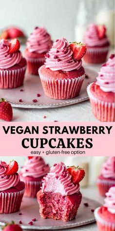 vegan strawberry cupcakes with pink frosting and strawberries on the side