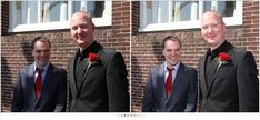 three men in suits and red ties standing next to each other near a brick wall