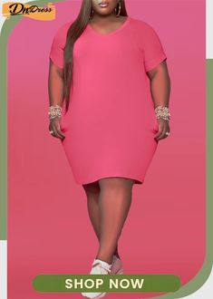 Pink Fashion Casual Plus Size Solid Basic V Neck Short Sleeve Dress Pink Solid Color Mini Dress, Chic Pink Solid Color Mini Dress, Chic Pink Mid-length Mini Dress, Solid Color Shift Knee-length Dress, Knee-length Shift Dress In Solid Color, Pink Knee-length Solid Color Dress, Pink Knee-length Dress, Solid Color Shift Dress For Daywear, Spring Knee-length Short Sleeve Dress In Solid Color