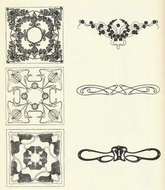 an old book with four different designs on the pages and one is black and white