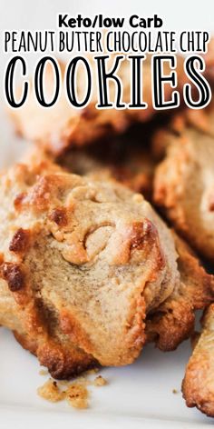 peanut butter chocolate chip cookies on a white plate with text overlay that reads, keto / low carb peanut butter chocolate chip cookies